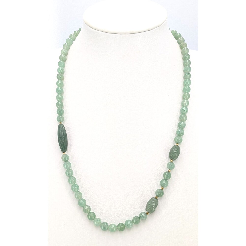 Aventurine Bead Necklace Light Green Carved Oval Round Stone Beads Fancy Clasp